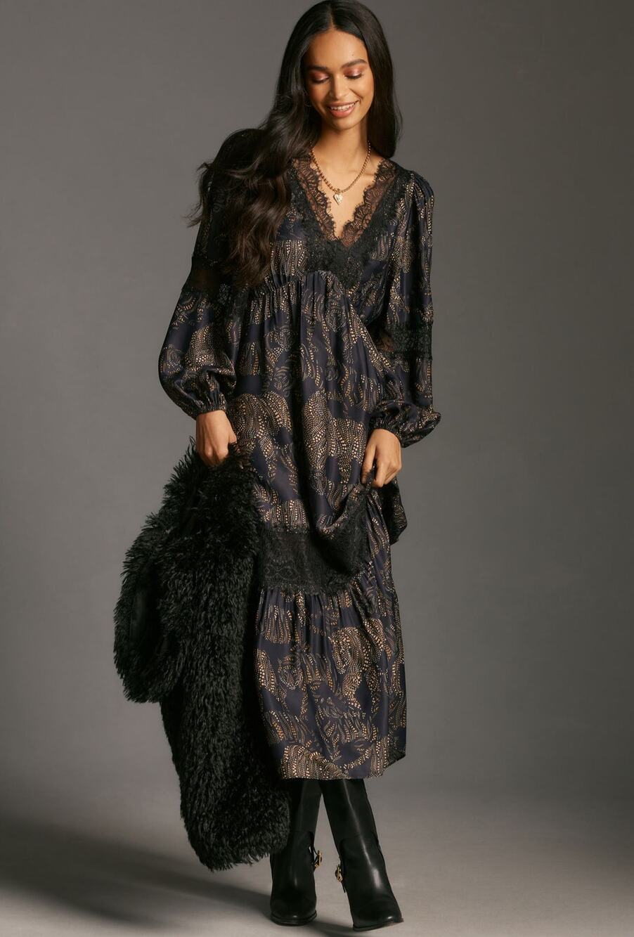Farm Rio Long-Sleeve Floral Lace
Midi Dress